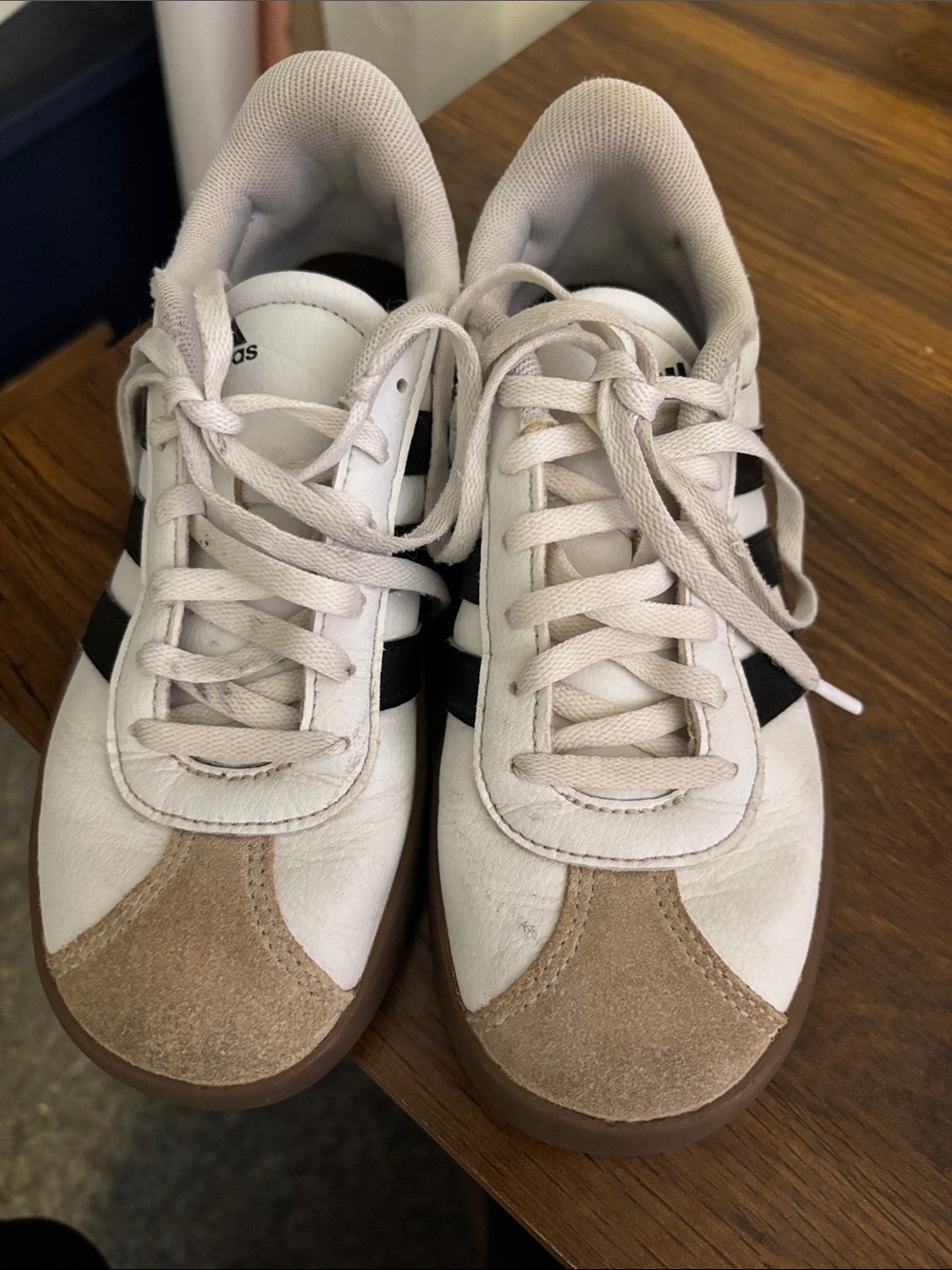 adidas Kids White Sneakers with Black Stripes and Tan Suede